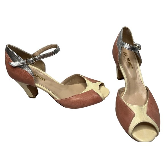 Les Venues Italy Peep Toe Leather Heel Pumps Ankle Strap Brown Silver Size 38.5 - Picture 1 of 8